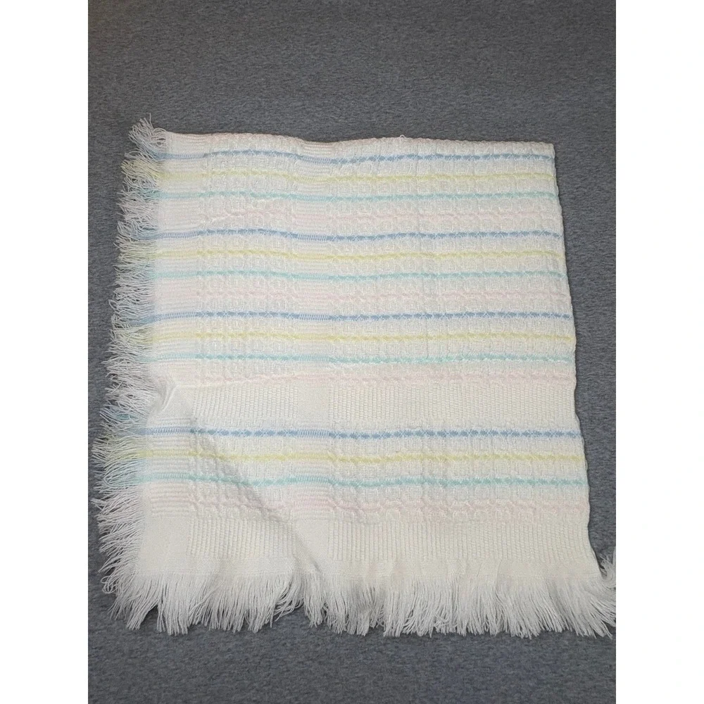 Vintage Woven Baby Blanket Pastel Stripes White Fringe Acrylic Made in Japan